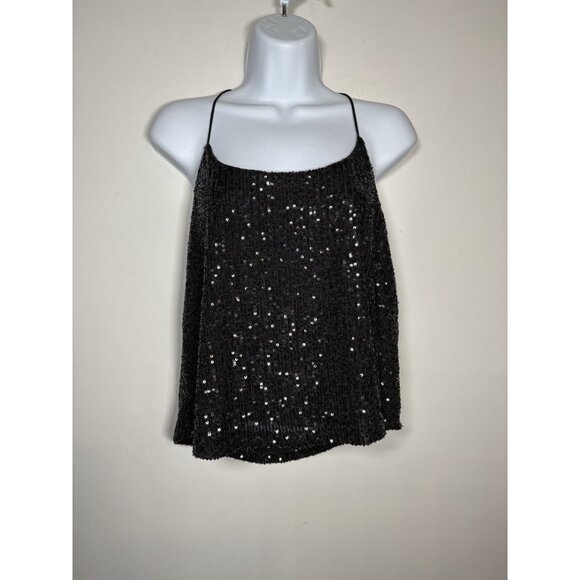ANTHROPOLOGIE Endless Rose Sequin Cami Spaghetti Strap Black Party NYE Medium - Picture 2 of 7